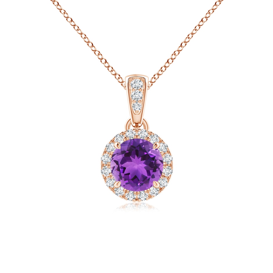 5mm AAA Claw-Set Round Amethyst Pendant with Diamond Halo in Rose Gold 