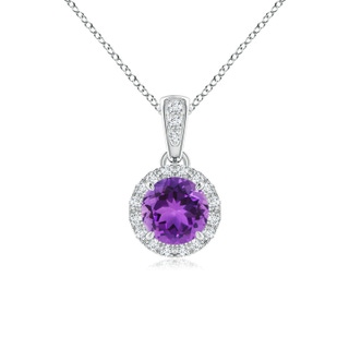 5mm AAA Claw-Set Round Amethyst Pendant with Diamond Halo in White Gold