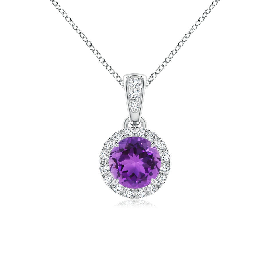 5mm AAA Claw-Set Round Amethyst Pendant with Diamond Halo in White Gold 