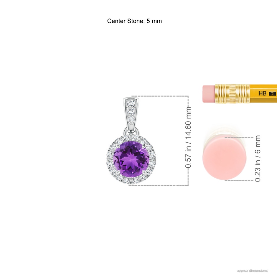 5mm AAA Claw-Set Round Amethyst Pendant with Diamond Halo in White Gold ruler