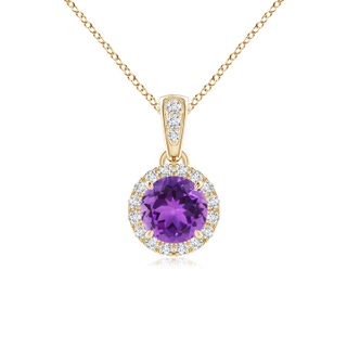 5mm AAA Claw-Set Round Amethyst Pendant with Diamond Halo in Yellow Gold