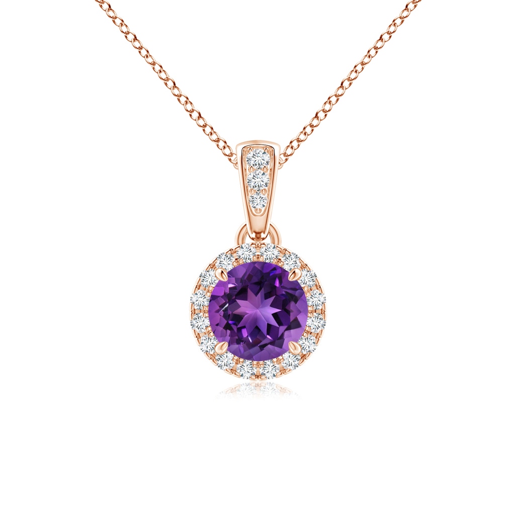 5mm AAAA Claw-Set Round Amethyst Pendant with Diamond Halo in Rose Gold