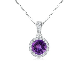 5mm AAAA Claw-Set Round Amethyst Pendant with Diamond Halo in White Gold