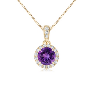 5mm AAAA Claw-Set Round Amethyst Pendant with Diamond Halo in Yellow Gold