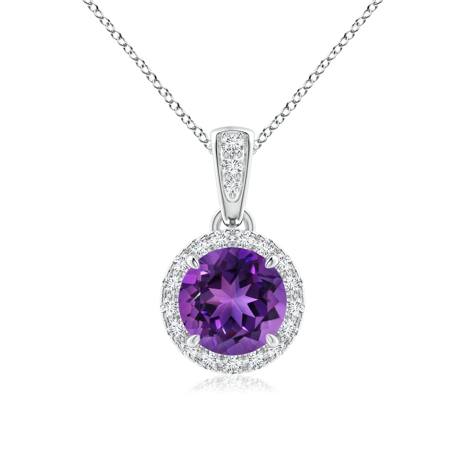 6mm AAAA Claw-Set Round Amethyst Pendant with Diamond Halo in 18K White Gold 