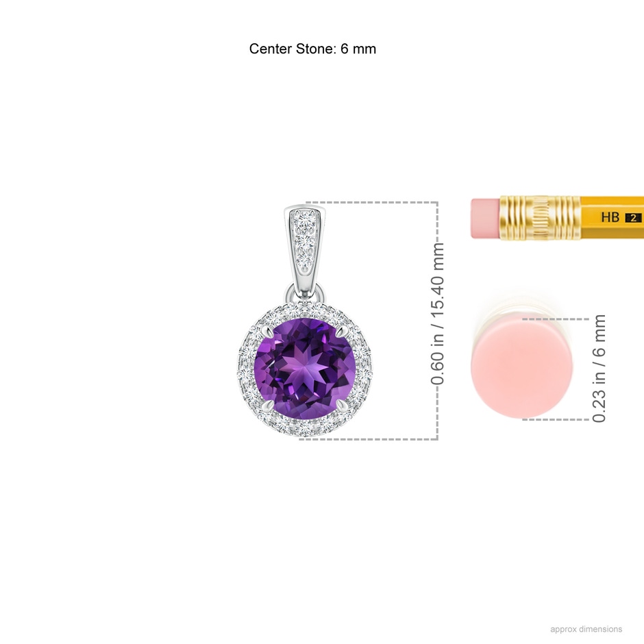 6mm AAAA Claw-Set Round Amethyst Pendant with Diamond Halo in 18K White Gold ruler