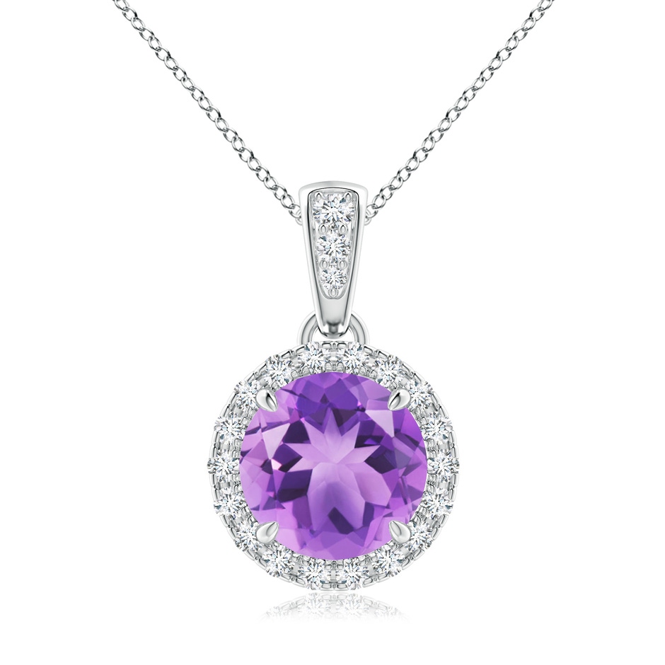 7mm A Claw-Set Round Amethyst Pendant with Diamond Halo in White Gold 