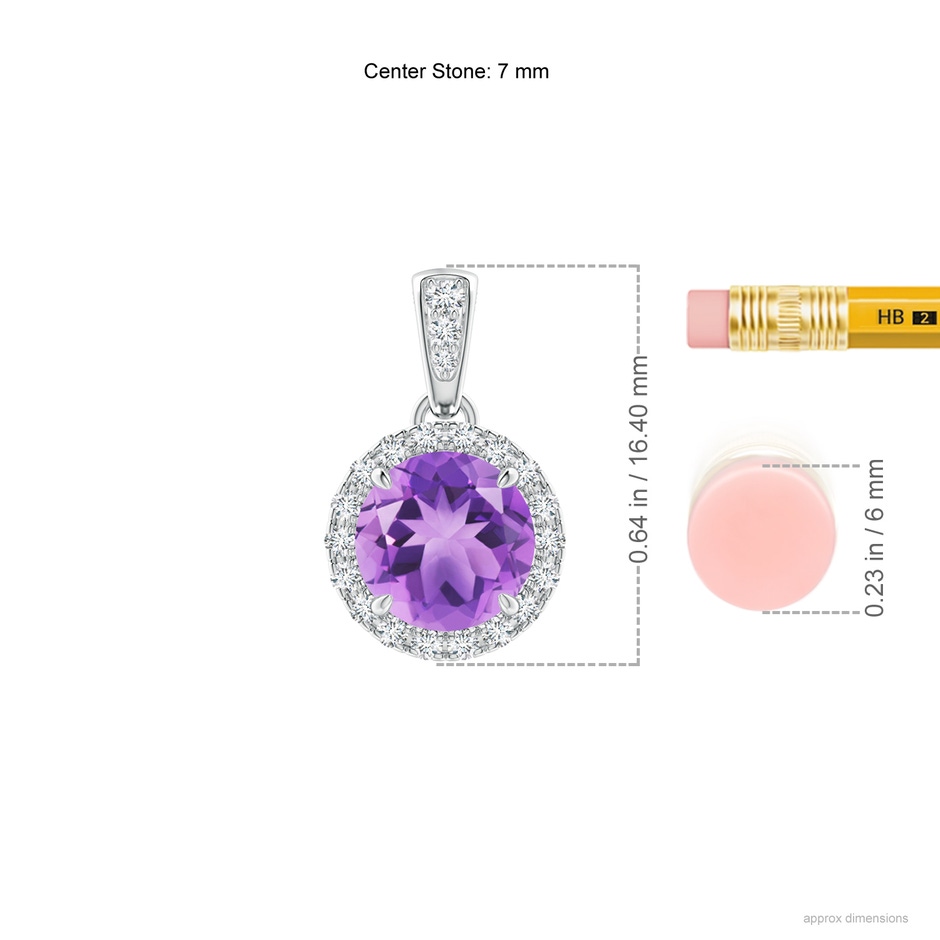 7mm A Claw-Set Round Amethyst Pendant with Diamond Halo in White Gold ruler