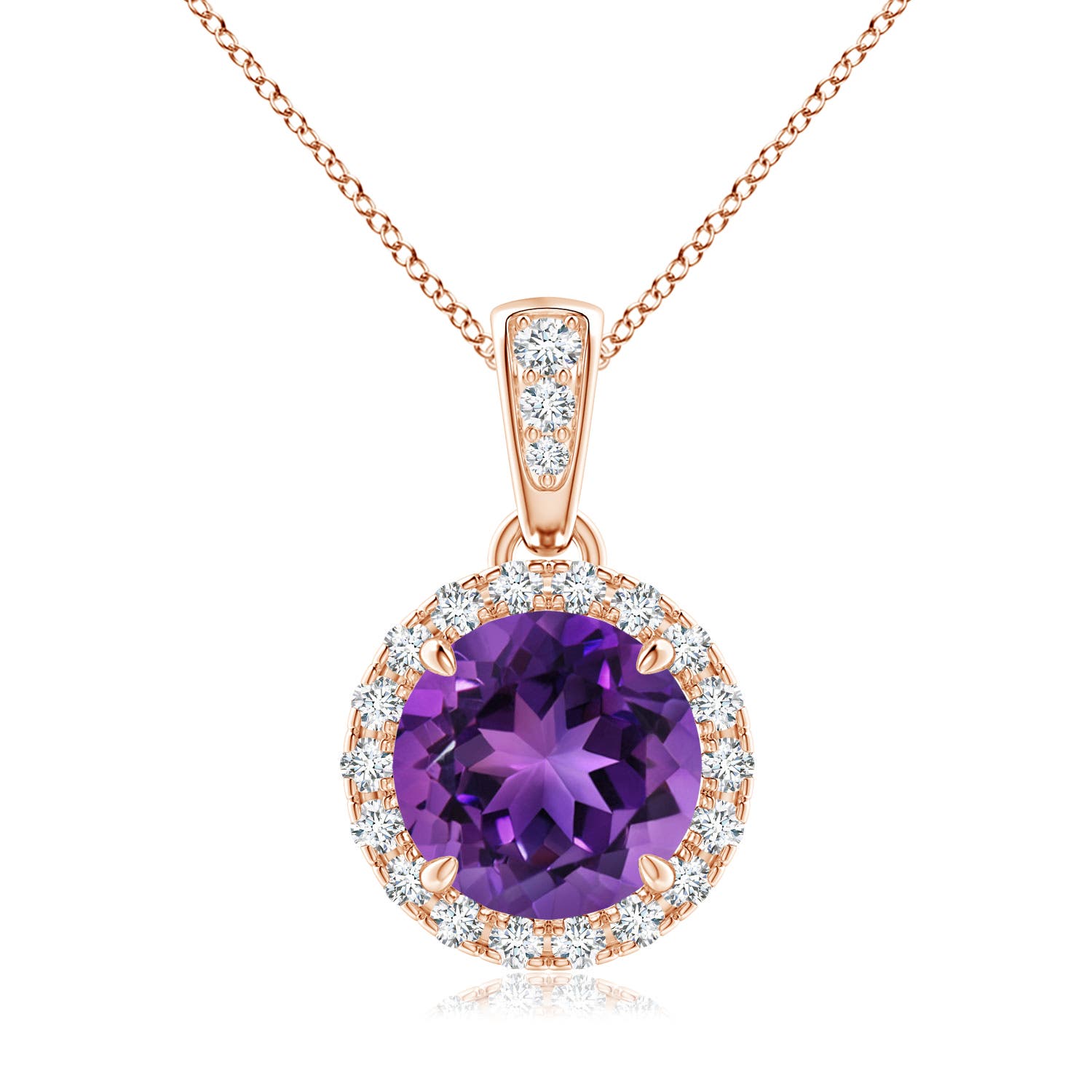 7mm AAAA Claw-Set Round Amethyst Pendant with Diamond Halo in 18CT Rose Gold