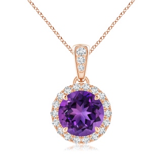 7mm AAAA Claw-Set Round Amethyst Pendant with Diamond Halo in Rose Gold