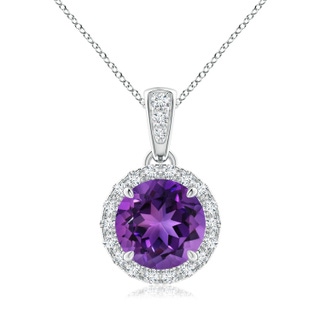 7mm AAAA Claw-Set Round Amethyst Pendant with Diamond Halo in White Gold