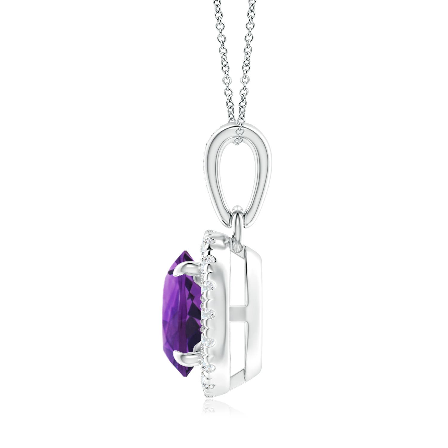 7mm AAAA Claw-Set Round Amethyst Pendant with Diamond Halo in White Gold - side 3