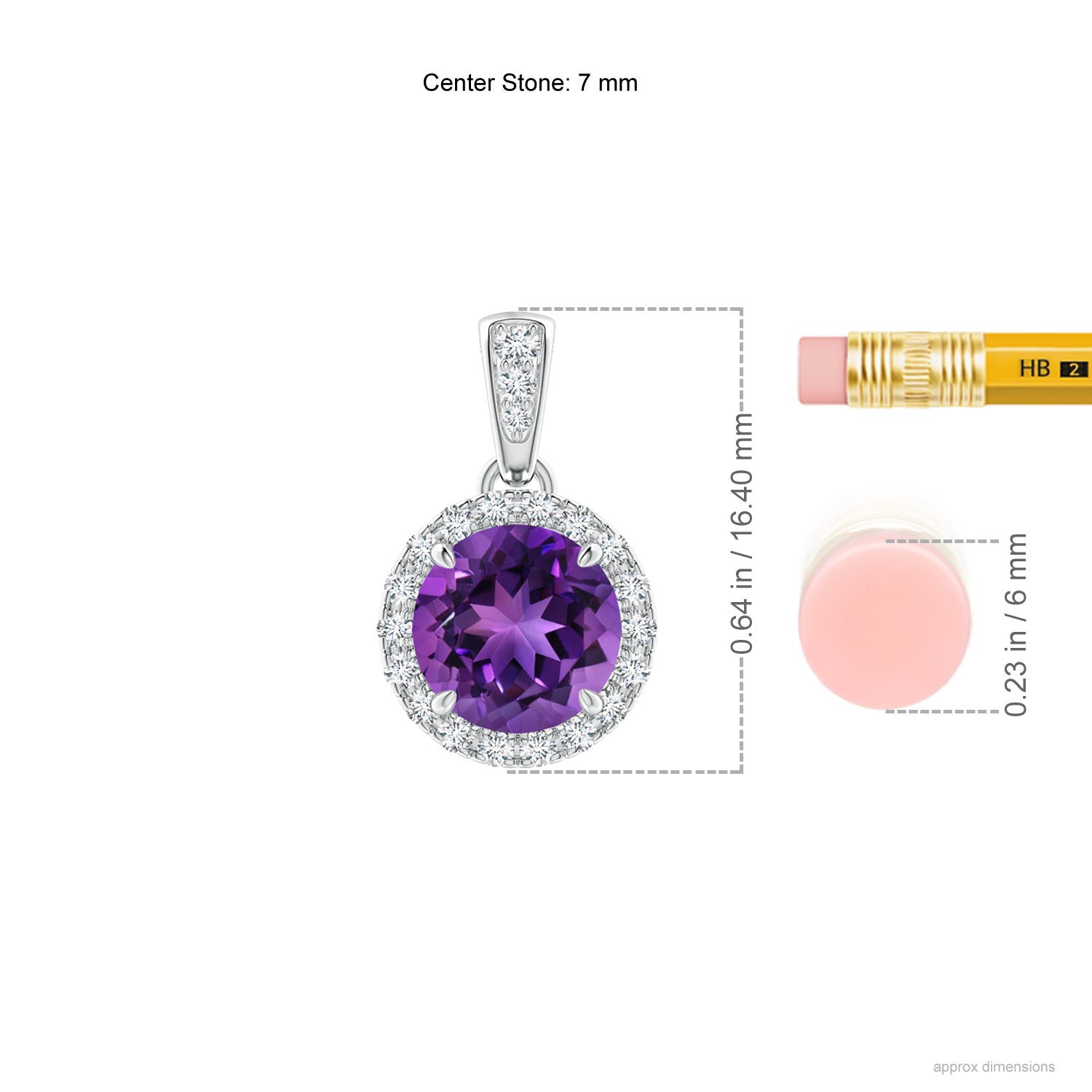 7mm AAAA Claw-Set Round Amethyst Pendant with Diamond Halo in White Gold - ruler