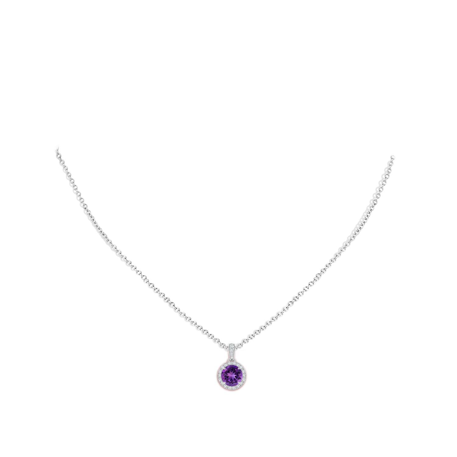 7mm AAAA Claw-Set Round Amethyst Pendant with Diamond Halo in White Gold - body_neck