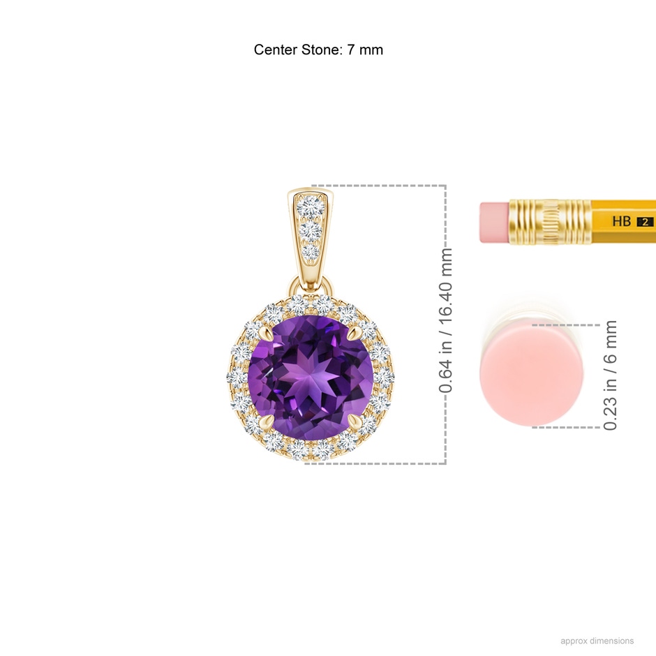 7mm AAAA Claw-Set Round Amethyst Pendant with Diamond Halo in Yellow Gold Ruler