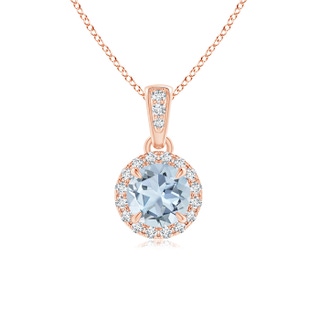 5mm A Claw-Set Round Aquamarine Pendant with Diamond Halo in Rose Gold
