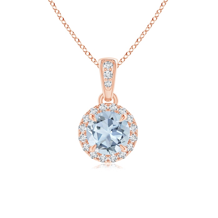 5mm A Claw-Set Round Aquamarine Pendant with Diamond Halo in Rose Gold 