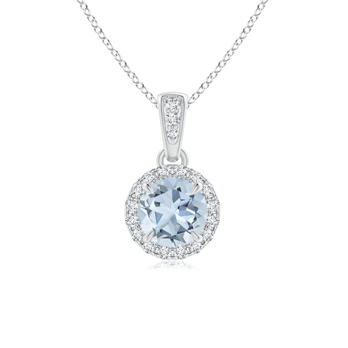 5mm A Claw-Set Round Aquamarine Pendant with Diamond Halo in White Gold 