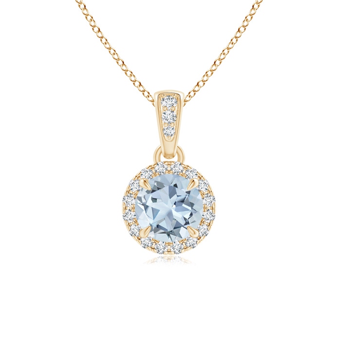 5mm A Claw-Set Round Aquamarine Pendant with Diamond Halo in Yellow Gold 