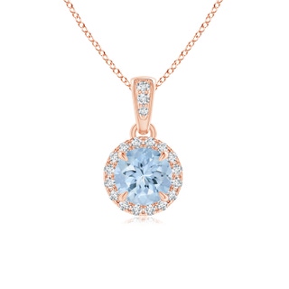 5mm AA Claw-Set Round Aquamarine Pendant with Diamond Halo in 9K Rose Gold