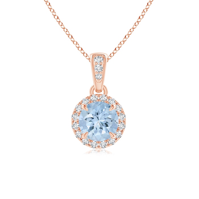 5mm AA Claw-Set Round Aquamarine Pendant with Diamond Halo in Rose Gold 