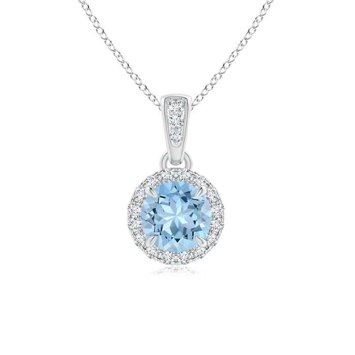 5mm AAA Claw-Set Round Aquamarine Pendant with Diamond Halo in 9K White Gold