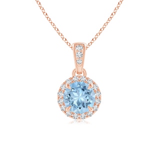 5mm AAA Claw-Set Round Aquamarine Pendant with Diamond Halo in Rose Gold