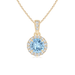 5mm AAA Claw-Set Round Aquamarine Pendant with Diamond Halo in Yellow Gold