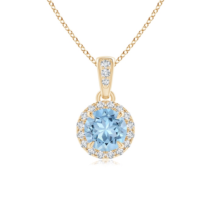 5mm AAA Claw-Set Round Aquamarine Pendant with Diamond Halo in Yellow Gold 