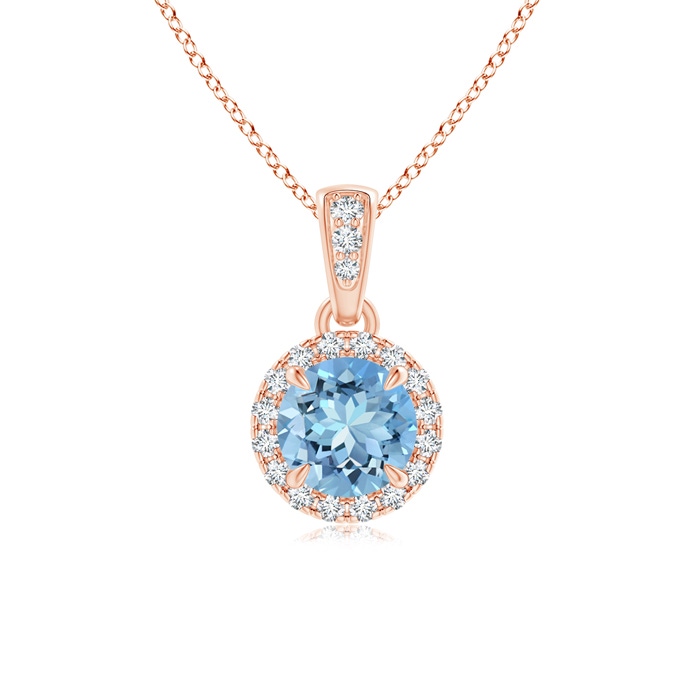 5mm AAAA Claw-Set Round Aquamarine Pendant with Diamond Halo in Rose Gold