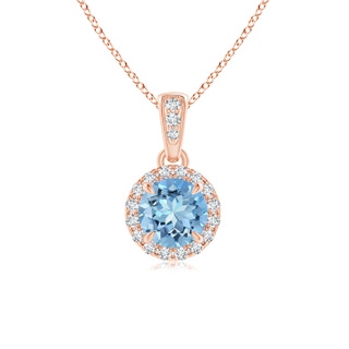 5mm AAAA Claw-Set Round Aquamarine Pendant with Diamond Halo in Rose Gold