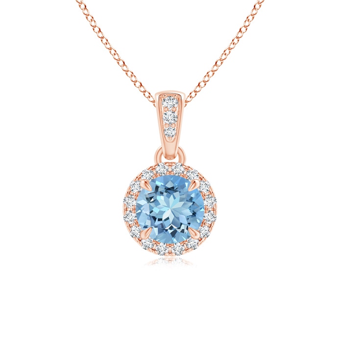 5mm AAAA Claw-Set Round Aquamarine Pendant with Diamond Halo in Rose Gold 