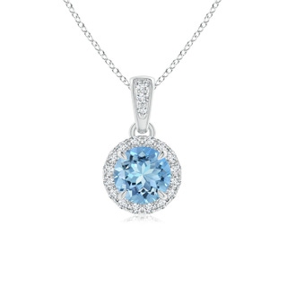 5mm AAAA Claw-Set Round Aquamarine Pendant with Diamond Halo in White Gold