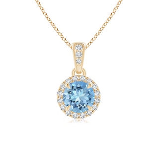 5mm AAAA Claw-Set Round Aquamarine Pendant with Diamond Halo in Yellow Gold