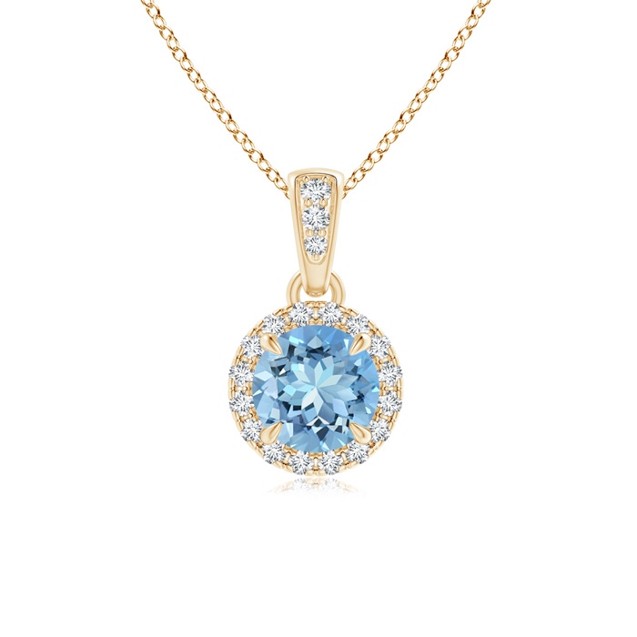 5mm AAAA Claw-Set Round Aquamarine Pendant with Diamond Halo in Yellow Gold 