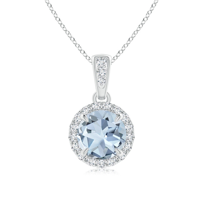 6mm A Claw-Set Round Aquamarine Pendant with Diamond Halo in White Gold 