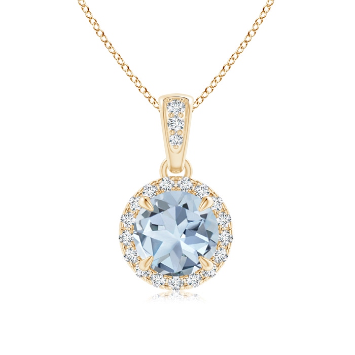 6mm A Claw-Set Round Aquamarine Pendant with Diamond Halo in Yellow Gold 