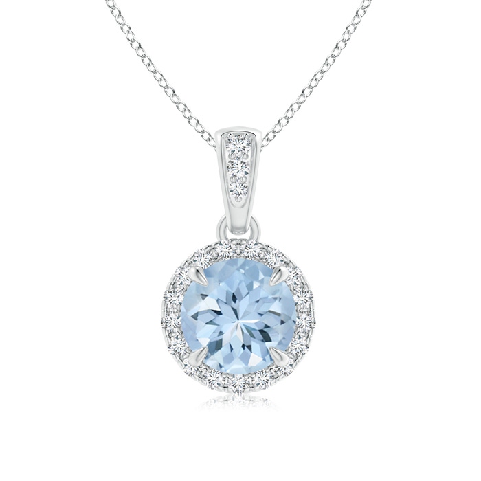 6mm AA Claw-Set Round Aquamarine Pendant with Diamond Halo in White Gold 