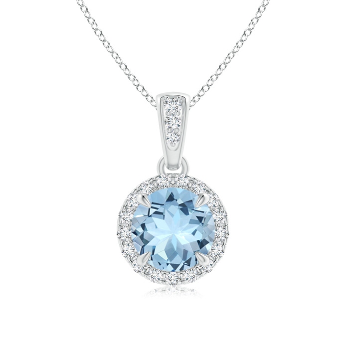6mm AAA Claw-Set Round Aquamarine Pendant with Diamond Halo in White Gold 