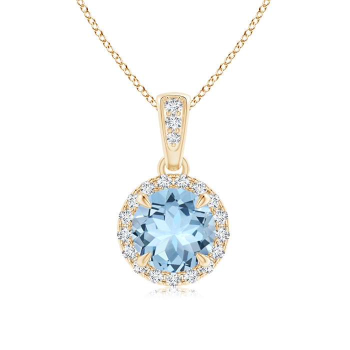 6mm AAA Claw-Set Round Aquamarine Pendant with Diamond Halo in Yellow Gold 