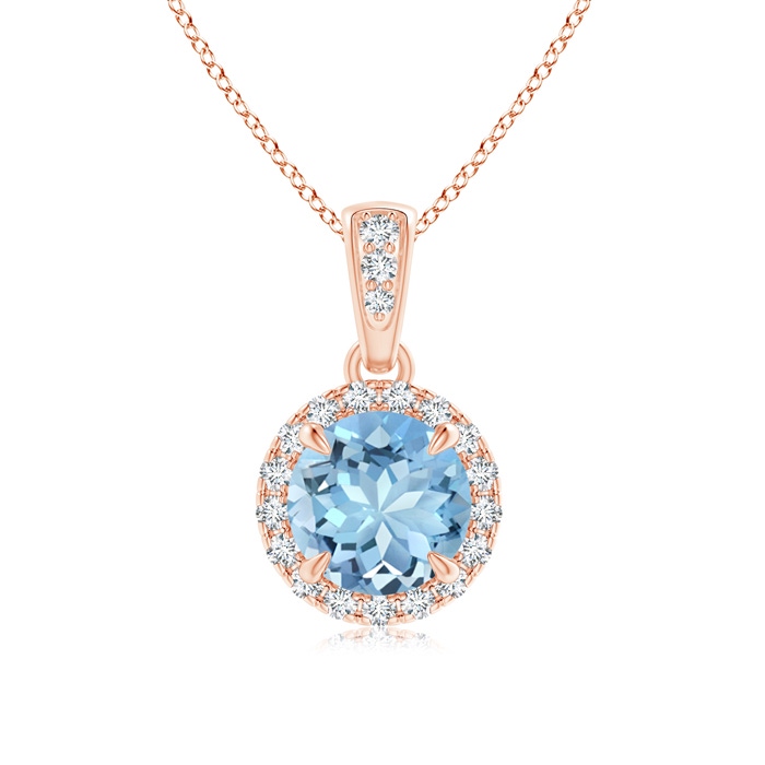 6mm AAAA Claw-Set Round Aquamarine Pendant with Diamond Halo in Rose Gold 