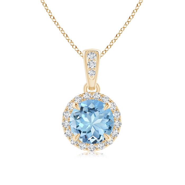 6mm AAAA Claw-Set Round Aquamarine Pendant with Diamond Halo in Yellow Gold 
