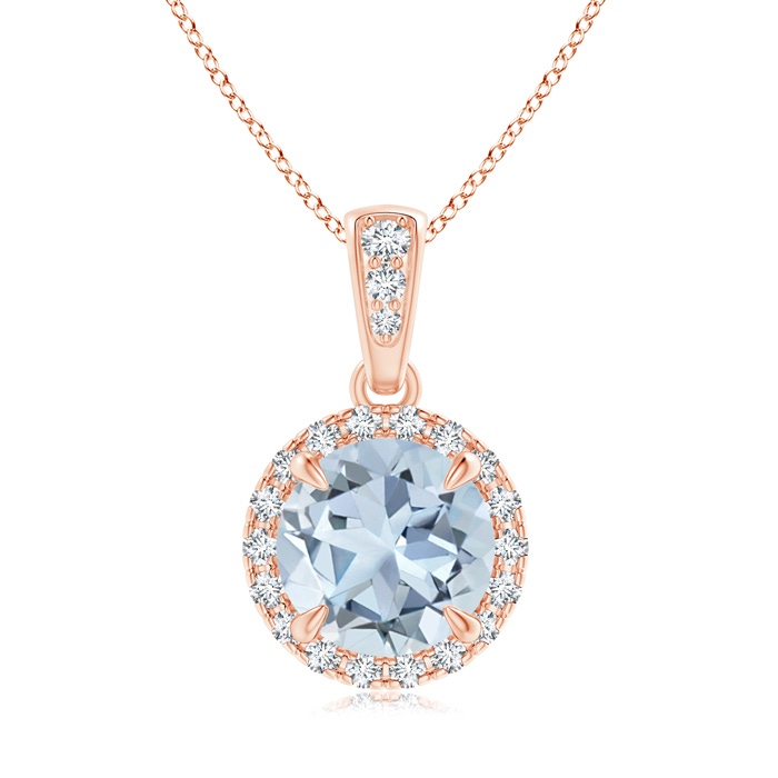 7mm A Claw-Set Round Aquamarine Pendant with Diamond Halo in Rose Gold 