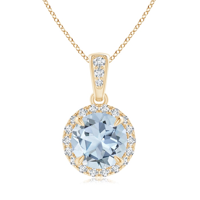 7mm A Claw-Set Round Aquamarine Pendant with Diamond Halo in Yellow Gold 