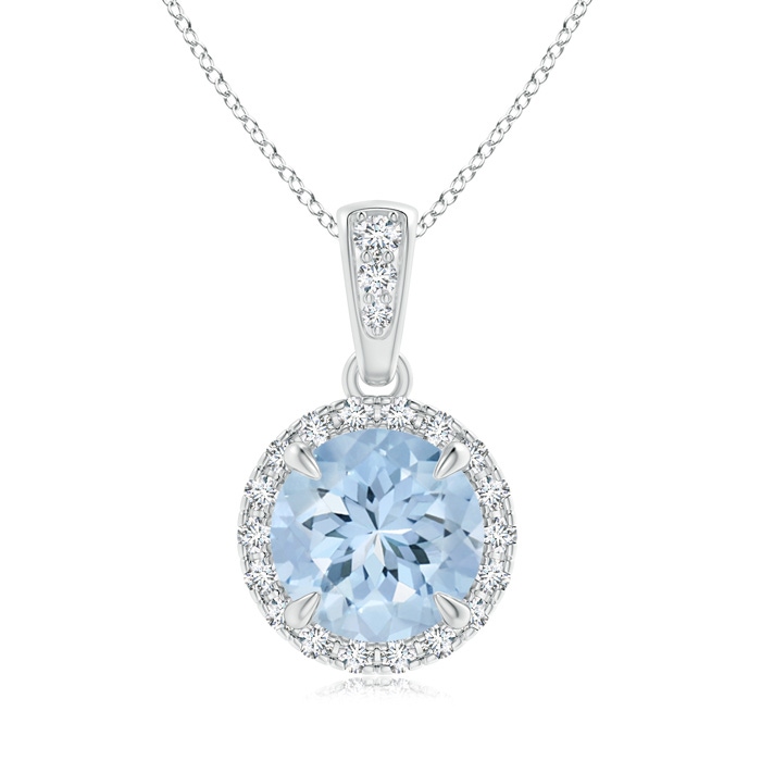 7mm AA Claw-Set Round Aquamarine Pendant with Diamond Halo in White Gold 