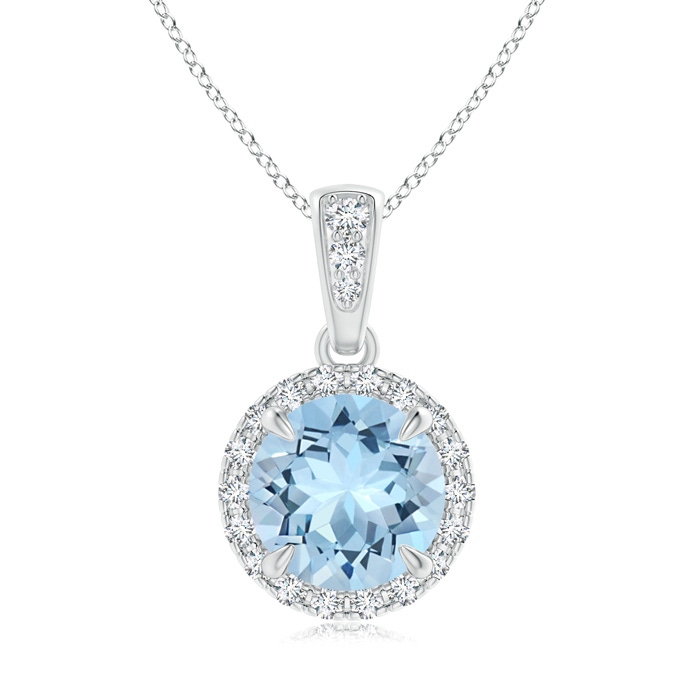 7mm AAA Claw-Set Round Aquamarine Pendant with Diamond Halo in White Gold 