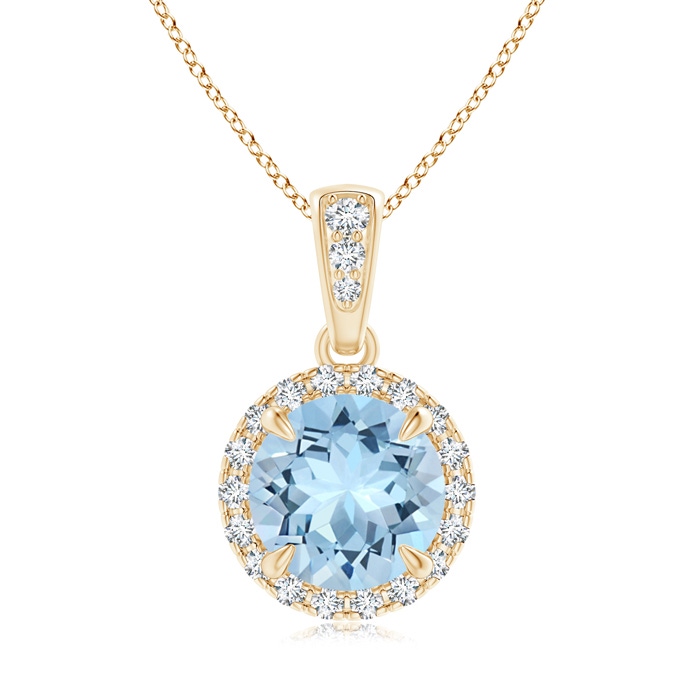 7mm AAA Claw-Set Round Aquamarine Pendant with Diamond Halo in Yellow Gold 