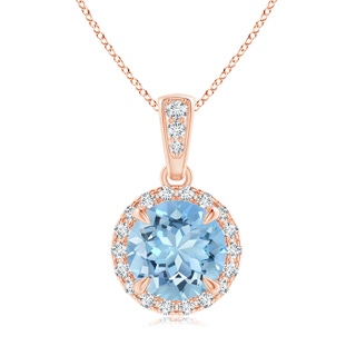 7mm AAAA Claw-Set Round Aquamarine Pendant with Diamond Halo in Rose Gold