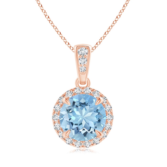 7mm AAAA Claw-Set Round Aquamarine Pendant with Diamond Halo in Rose Gold 