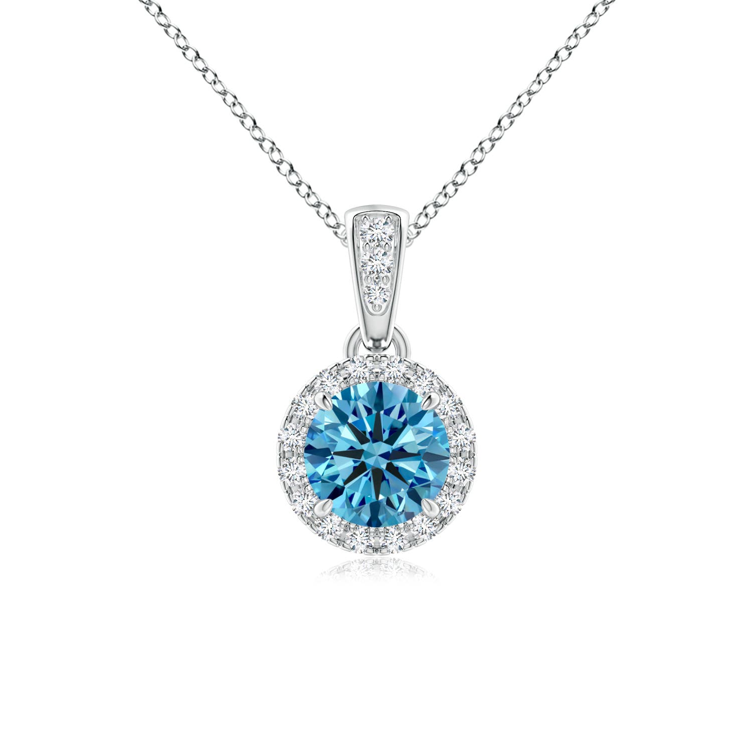 Angara 0.53 CTW Claw-Set Round Fancy Intense Blue Diamond Pendant with Halo in Platinum